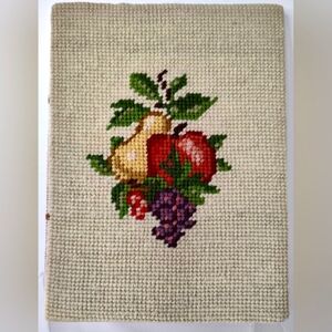 Vintage Fruits Pear Apple Grapes Cherry Needlepoint Completed No Frame 6" By 8".